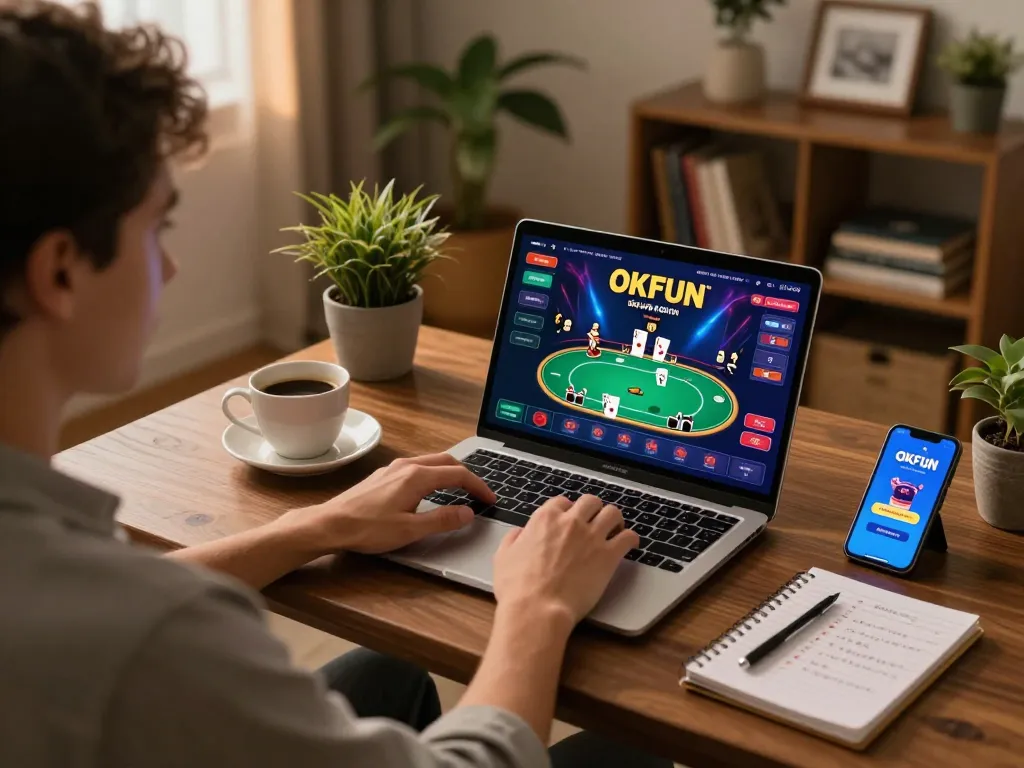 Engaging in an online poker game on OKFUN with vibrant screen visuals and cozy home atmosphere.