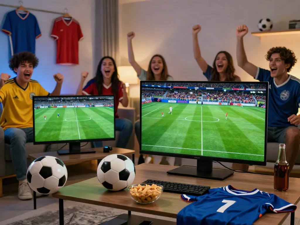 A soccer fan engaged with live match streaming on socolivekz.uk, surrounded by memorabilia and snacks.