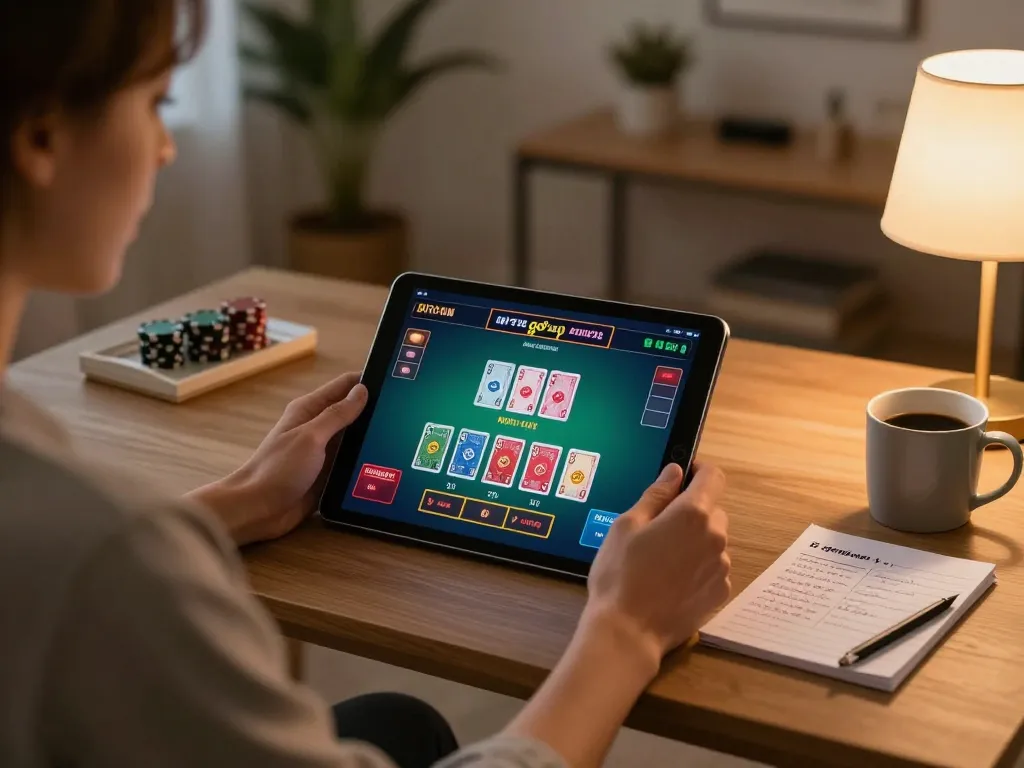 Playing blackjack on go8 com with live dealer interface on a tablet at a cozy home desk.