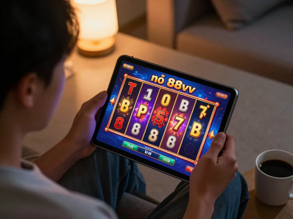Engaging in nổ hũ 88vv online slot gaming, with a cozy home setting enhancing the experience.