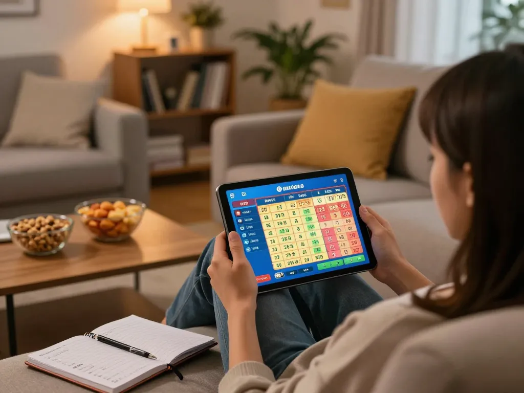 Engaging in Togel gaming at home with winwin tablet, showcasing vibrant betting options and cozy atmosphere.
