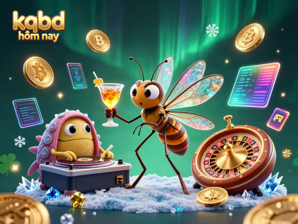 Experience the dynamic kqbd hôm nay in a vibrant casino-inspired scene featuring a frozen mosquito mascot and a trilobite DJ.