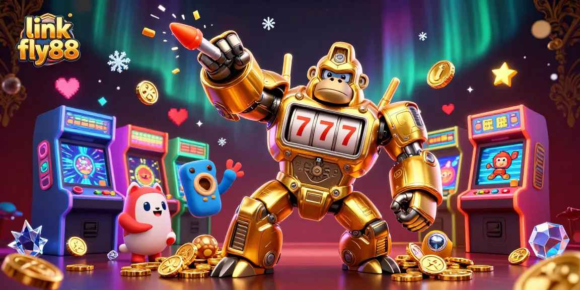 Experience winning excitement with link fly88 in this vibrant 3D casino scene featuring a golden gorilla mech!