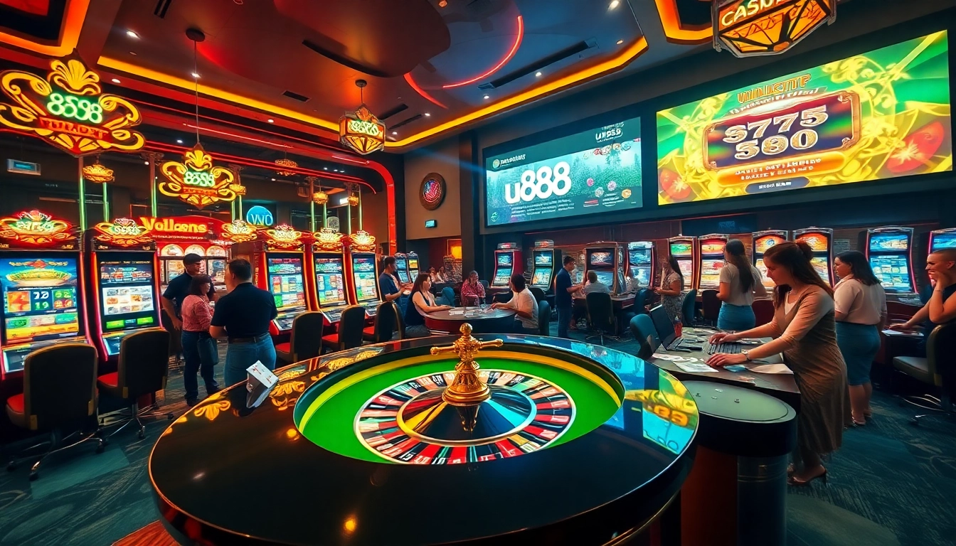 U888 online casino showcasing vibrant slot machines and engaging games in a luxurious setting.