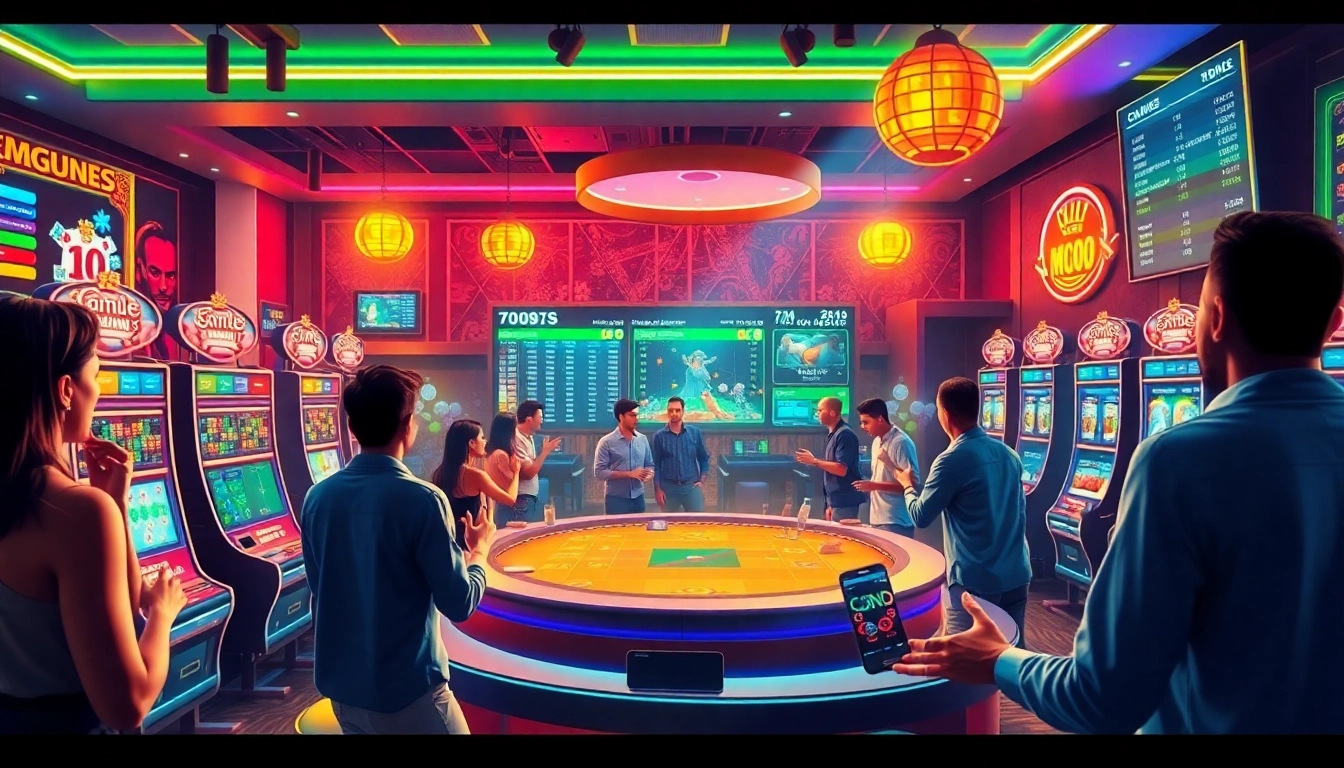 Exciting MMOO online gambling scene showcasing players engaging with casino games and sports betting.