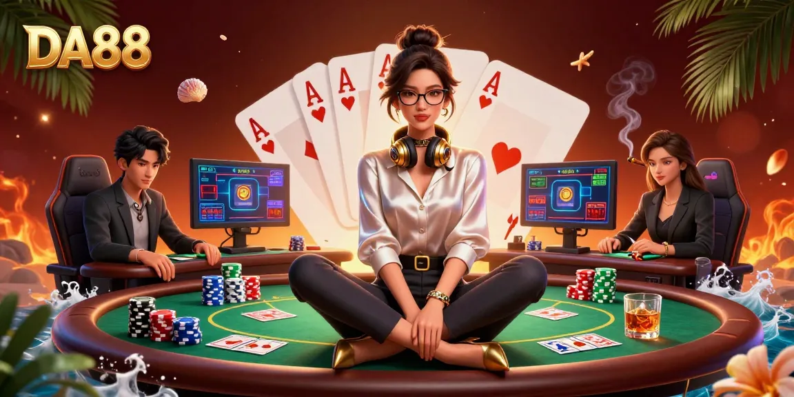 Engage with the DA88 casino experience at a high-tech poker setup with vibrant game elements.