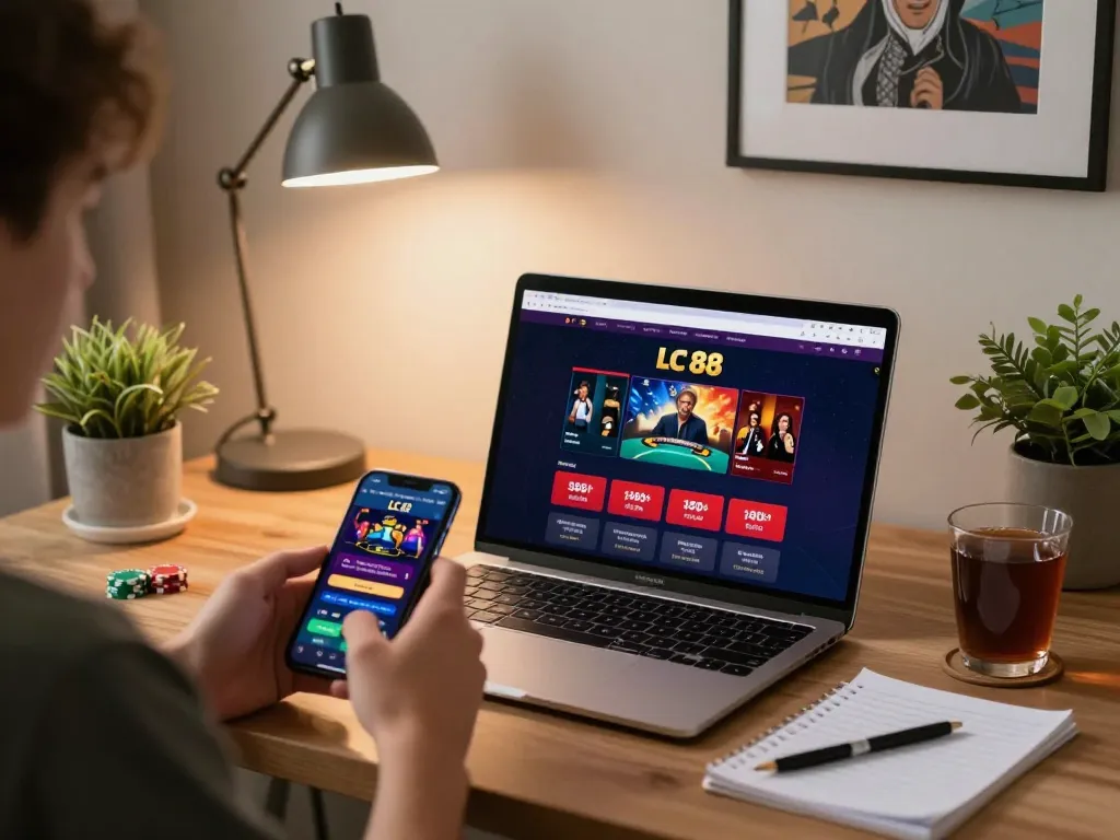 LC 88 poker game on laptop in a cozy home office setting, illustrating strategic online gambling.
