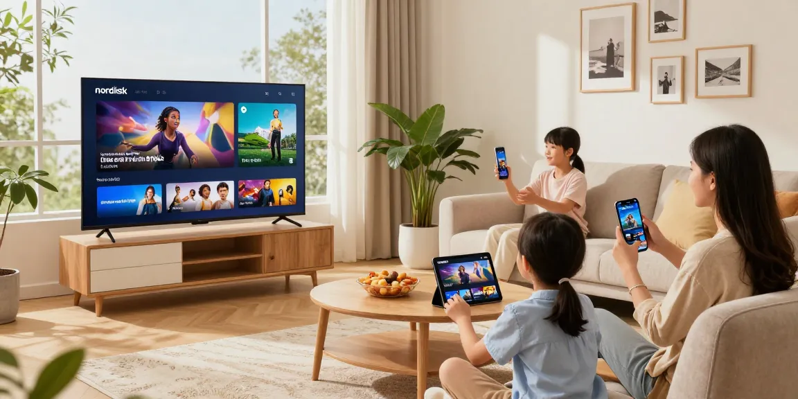 Familj som njuter av nordisk iptv-streaming på Smart TV och enheter i ett mysigt vardagsrum.