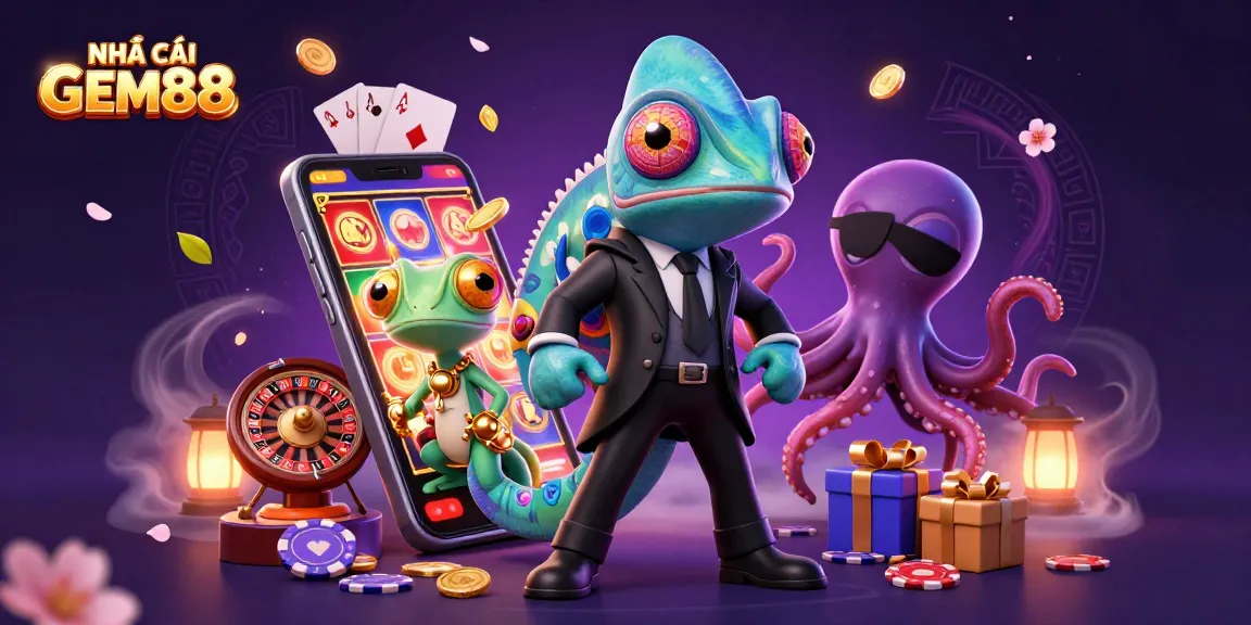 Experience NHÀ CÁI GEM88 with vibrant casino elements in a dynamic 3D illustration scene.