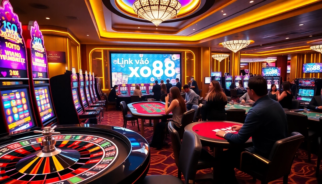 Experience thrilling games with Link vào xo88 at an upscale casino setting, showcasing vibrant slots and poker tables.
