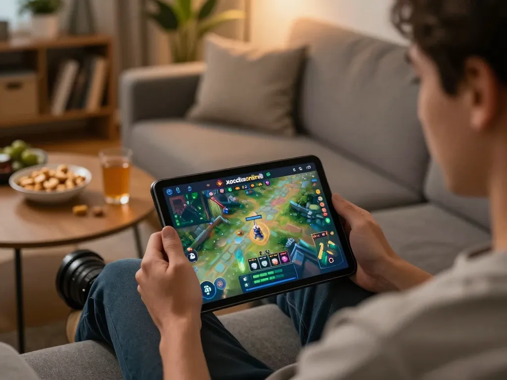 Engaged player enjoying xocdiaonline on tablet with a cozy home setup.