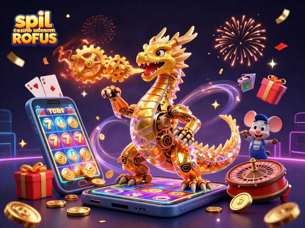 Engage in thrilling play at spil casino uden om ROFUS with a vibrant scene featuring a golden dragon surrounded by gaming elements.