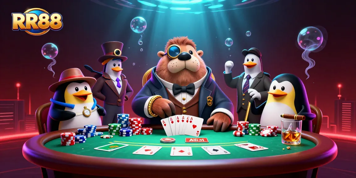 Experience thrilling gameplay at RR88 with a jolly walrus and friends at an underwater poker table.
