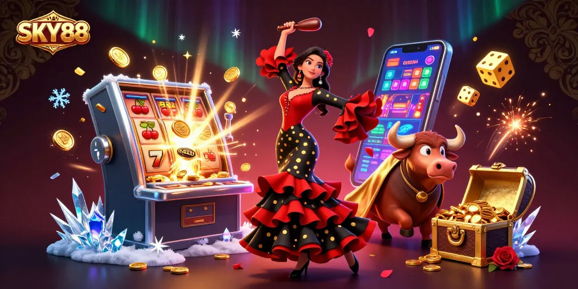 Experience the thrilling world of SKY88 through this dynamic 3D illustration featuring casino elements.