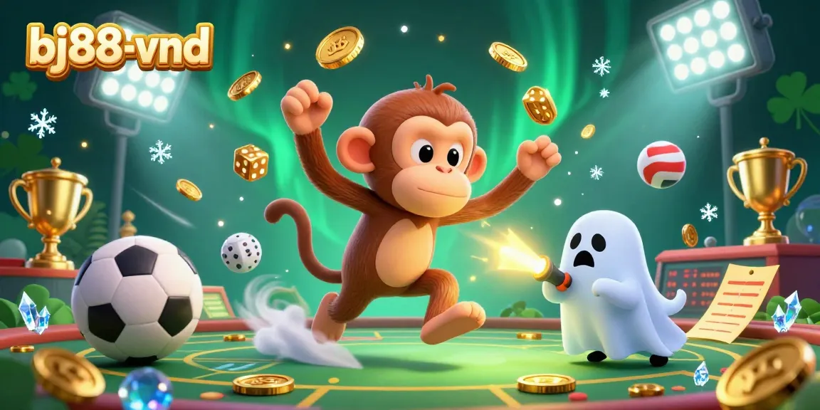 Engage with the lively atmosphere at bj88-vnd, where a playful poltergeist monkey juggles golden casino elements.