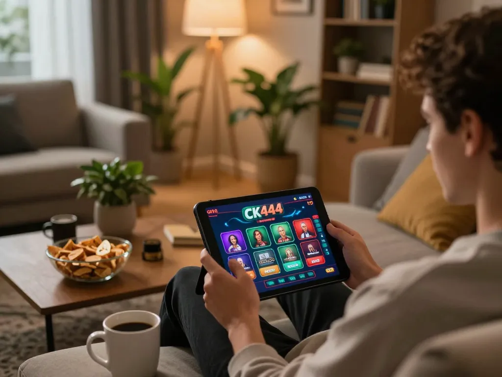 Engaging in CK444 online gaming from home with tablet and snacks, showcasing a relaxed entertainment atmosphere.
