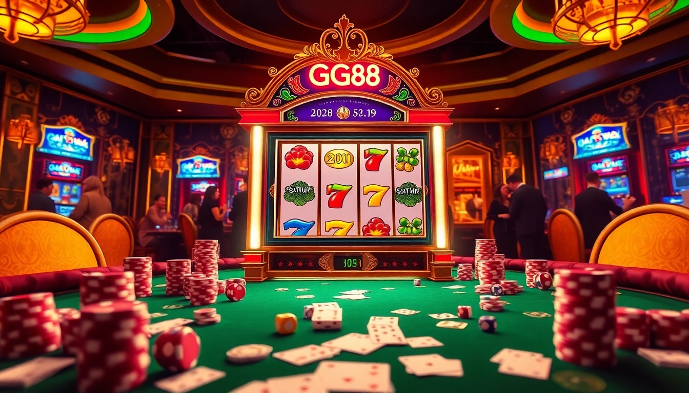 Experience the thrill of the GG88 slot machine surrounded by vibrant casino elements and excited players.