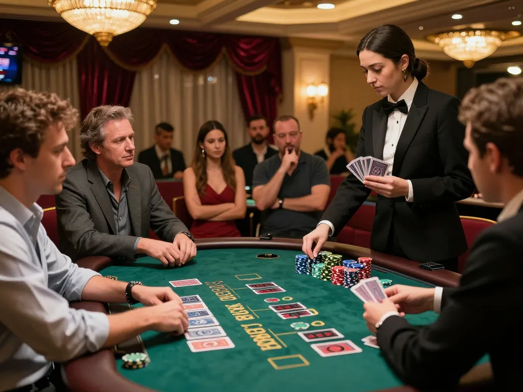 A thrilling blackjack table scene showcasing engaged players analyzing tỷ lệ nhà cái while interacting with a friendly dealer.