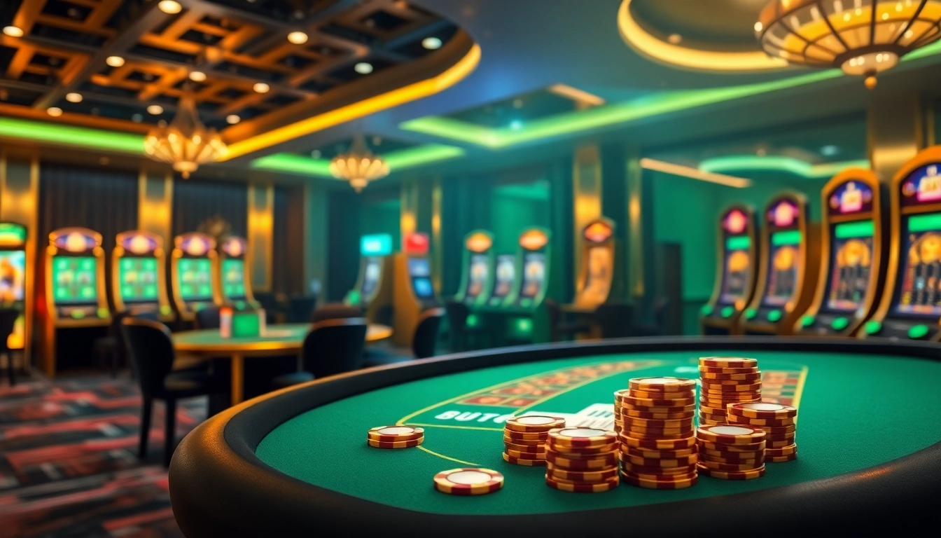 Experience the thrill of online gambling at https://8kbetbh.com/ with vibrant casino tables, poker chips, and slot machines.