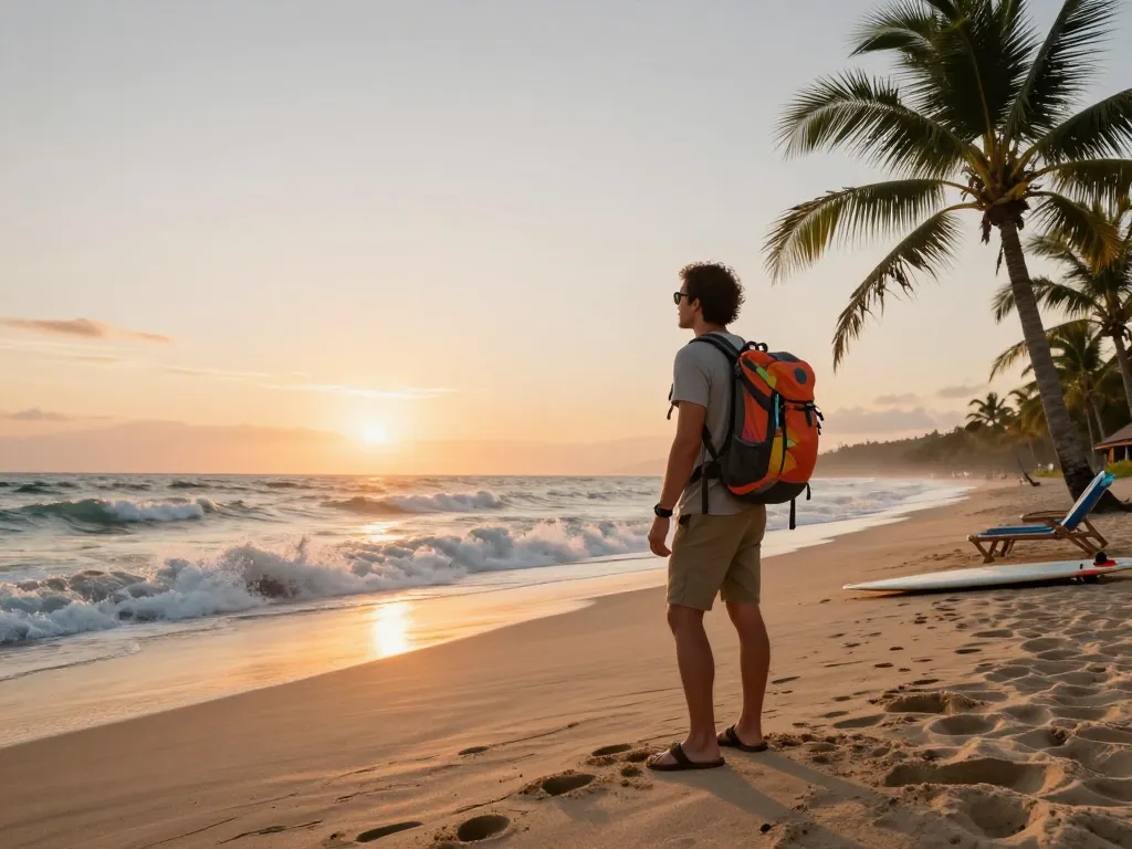 Traveler enjoying the sunset at the beach with Fly88 backpack.
