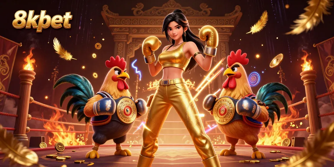 Bet on 8xbet with a 3D illustration of a powerful woman and a boxing rooster.