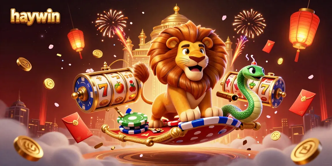 Experience thrilling wins at haywin, with a vibrant casino scene featuring slot reels and golden treasures.
