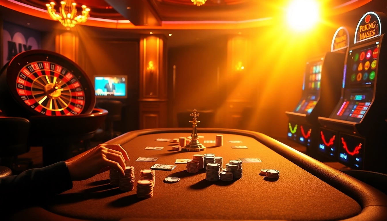 Place your bets on five88 vin with a vibrant casino setting showcasing poker and roulette.