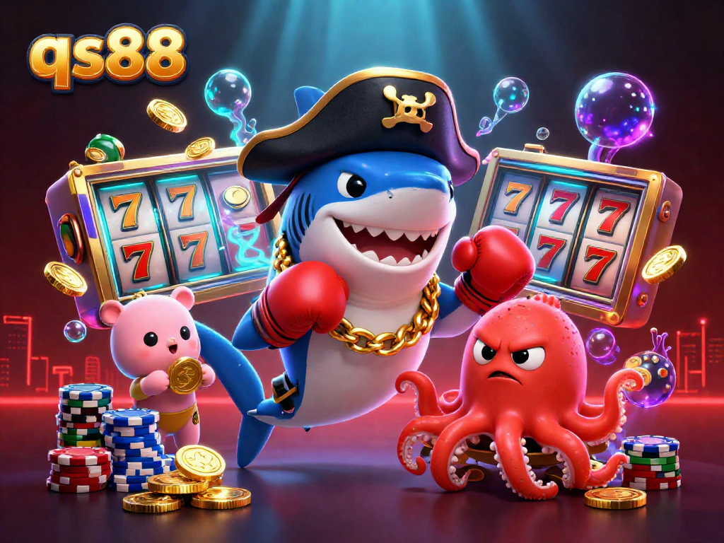 Experience thrilling slots with qs88 as a cartoon pirate shark leads the adventure alongside quirky sea friends.