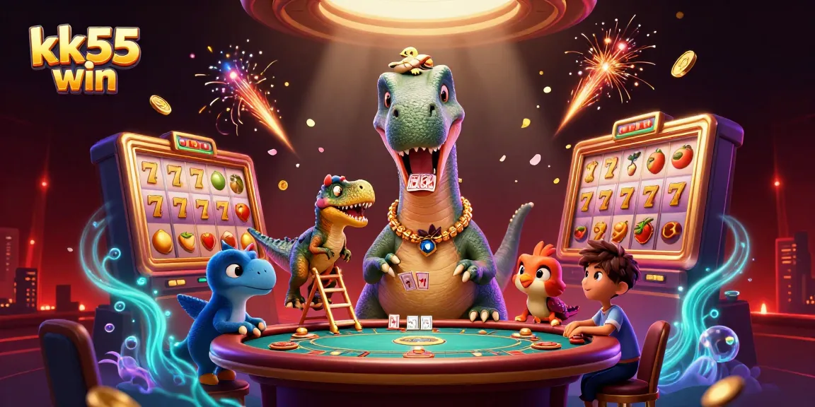 Experience the excitement of kk55 win with a playful 3D illustration of a brontosaurus and raptor in a vibrant casino scene.