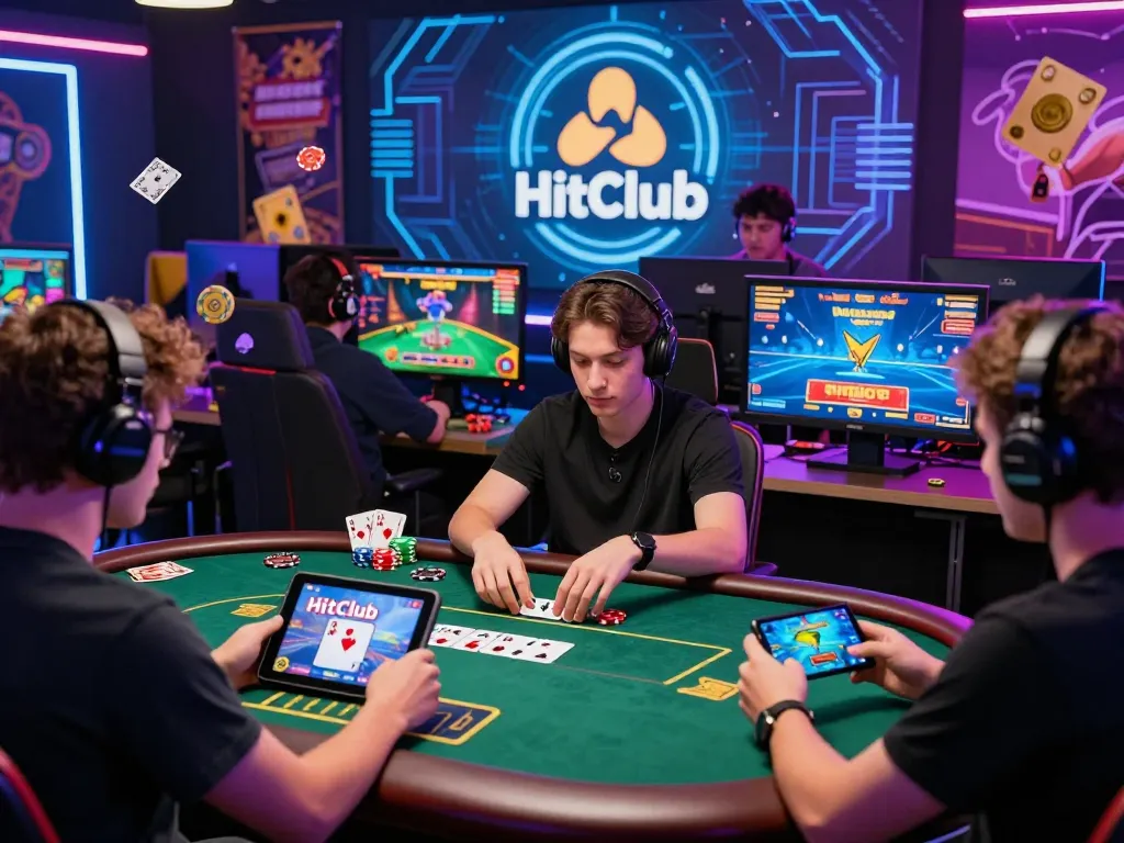 Exciting gaming scene at HitClub with players engaging in poker, live dealer games, and mobile fishing adventures in a dynamic environment.