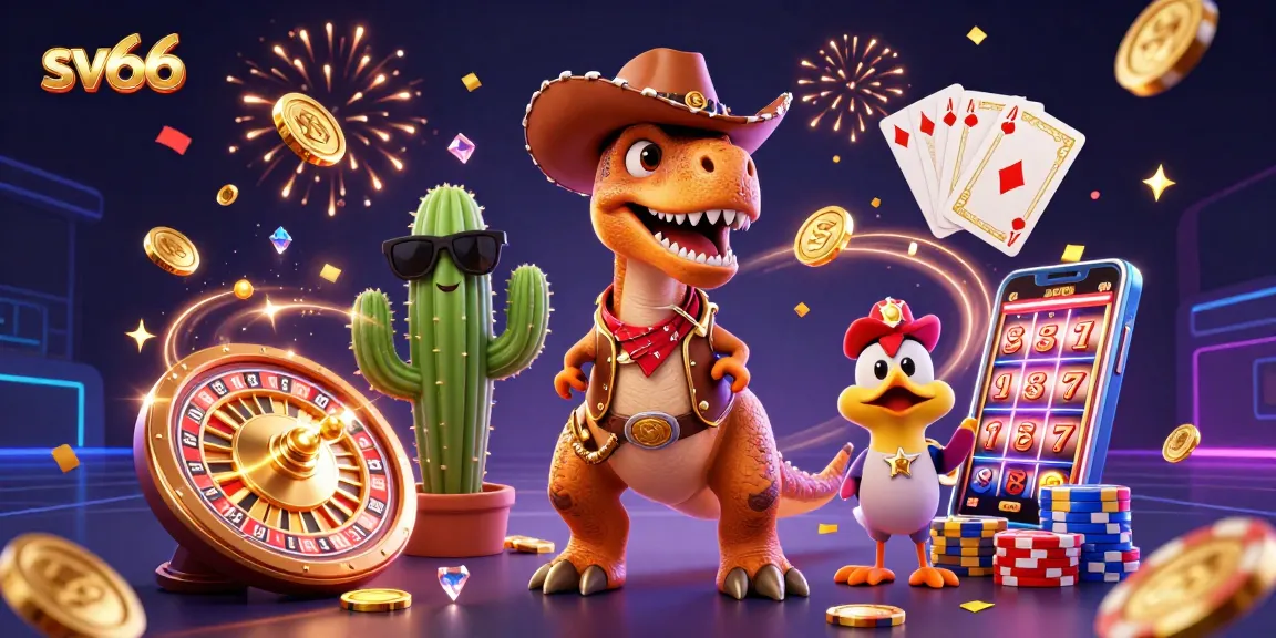 Spin and win at sv66 with an exciting 3D cartoon illustration of playful casino-themed characters.