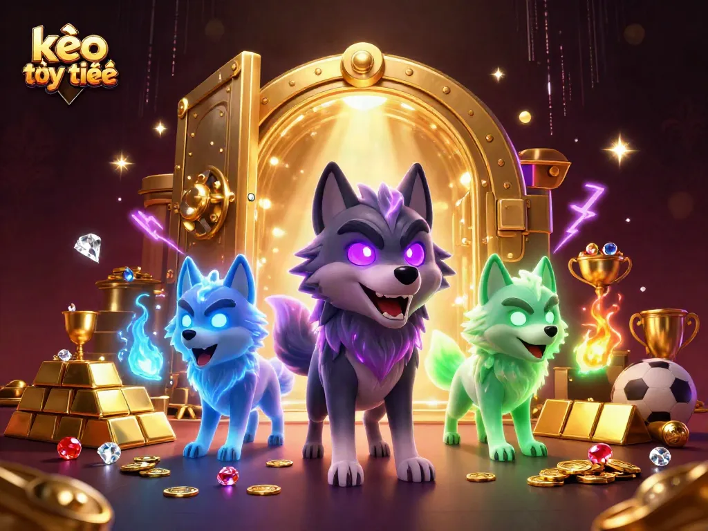 Kèo trực tuyến dynamic sports betting illustration featuring vibrant wolf pack and treasure elements.