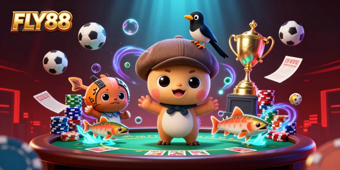 FLY88 showcases an energetic casino scene with Nessie and its friends amidst sports betting elements.
