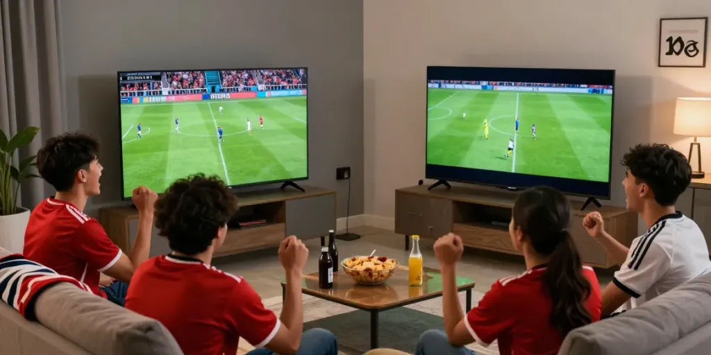 Exciting live football viewing experience at xoilactvlive.net with friends enjoying snacks and drinks.