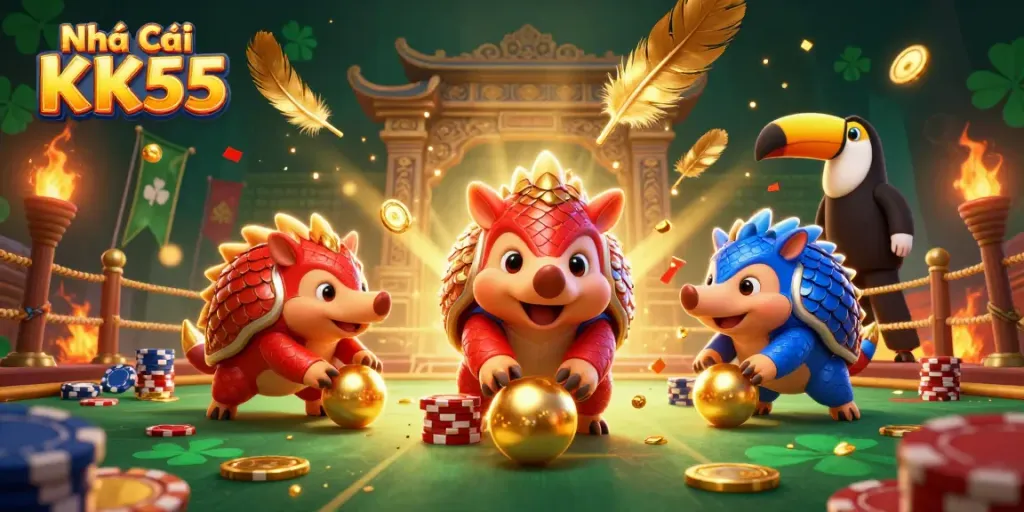 Join the action at Nhà Cái KK55 with rival pangolins bowling through poker chips in a vibrant 3D casino scene.