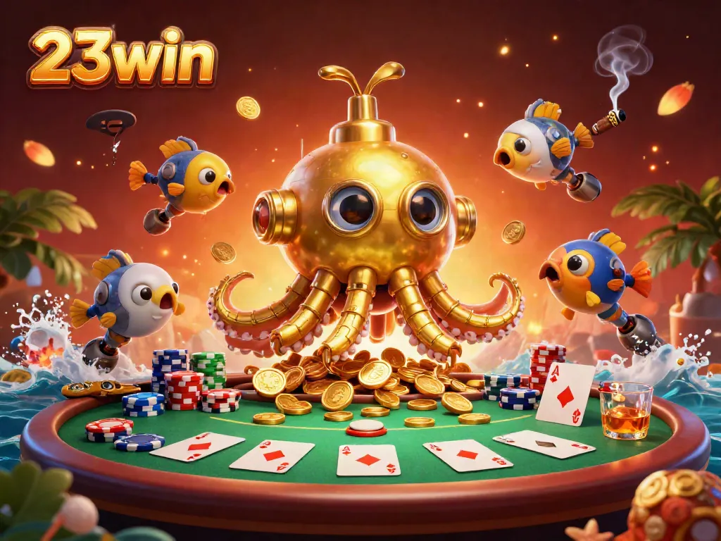 Engage with exciting gameplay at 23win, featuring a gold kraken and poker elements in a rich casino scene.