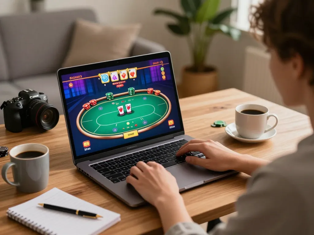 Engaged player enjoying online poker at home, showcasing 678vip gaming experience with strategy notes