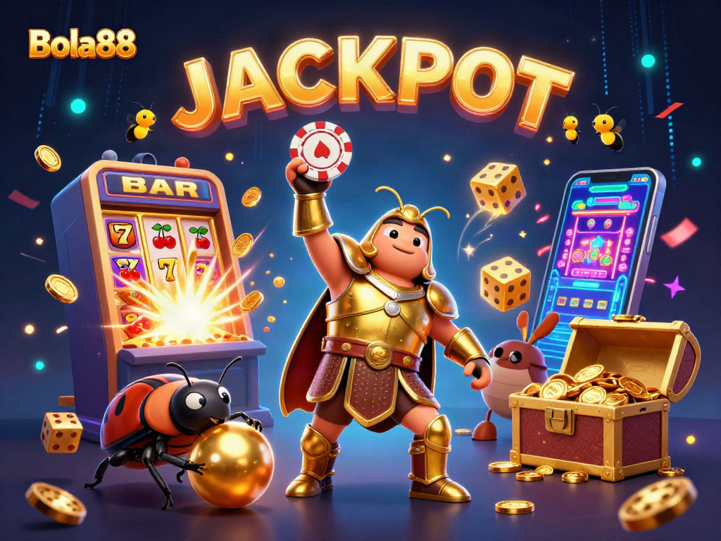 Bola88 pulsates with excitement as a gladiator beetle celebrates a jackpot amidst vibrant casino elements.