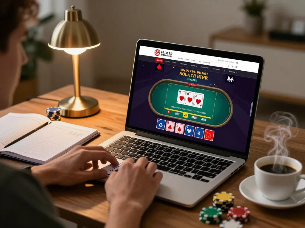 Player enjoying the thabet online casino experience on laptop, engaged in live dealer gameplay with poker chips nearby.