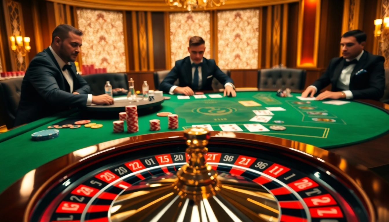 Experience the thrill of casino gaming with "Link vào fb88" in a luxurious environment featuring vibrant game tables and spinning roulette.