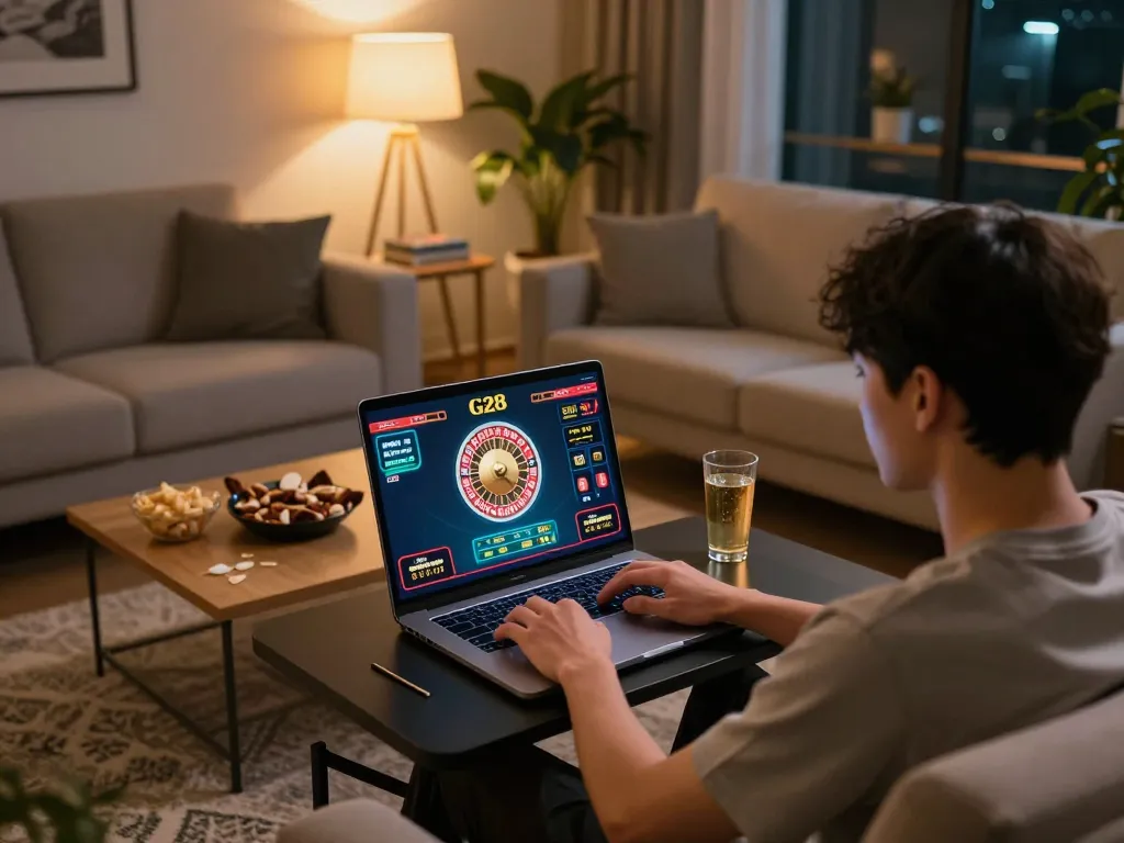 Engaging in G28 online casino gaming at home, enjoying vibrant roulette gameplay on laptop