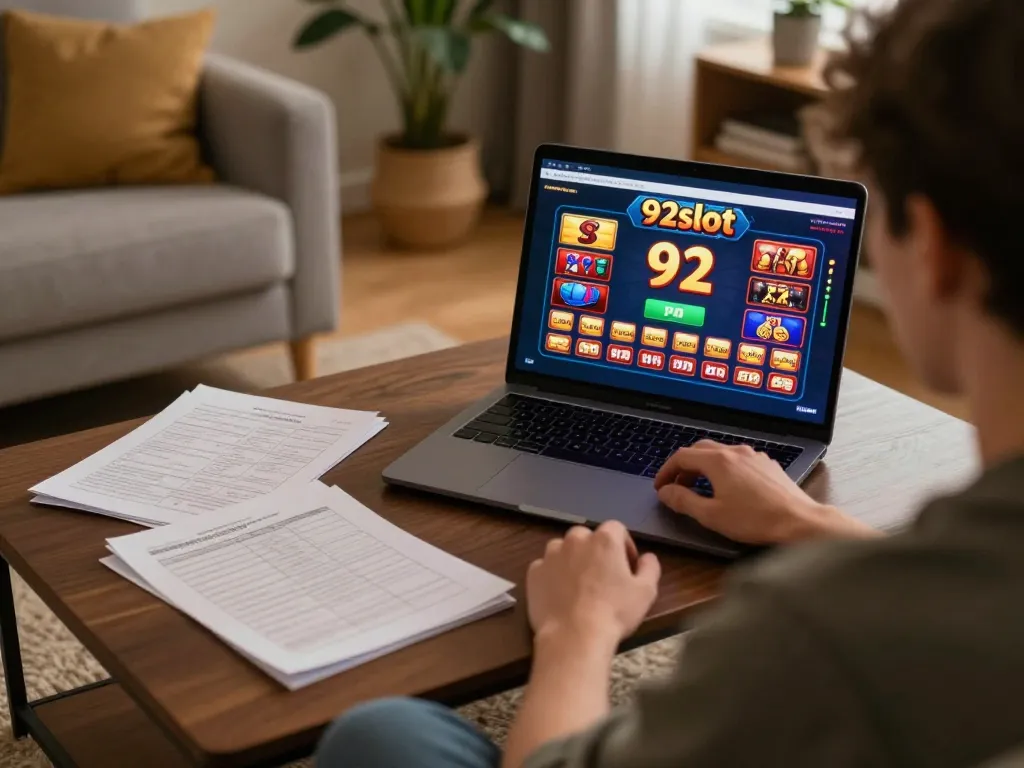 Player engages with 92slot online casino on laptop in a cozy living room setting