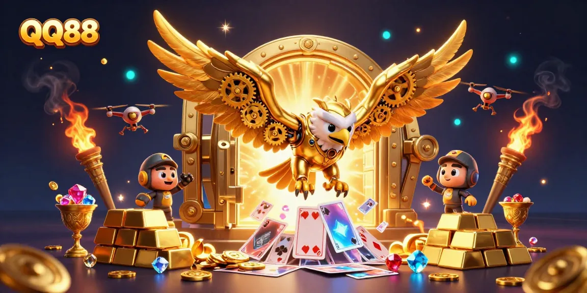 Experience thrilling wins at QQ88 with a dynamic 3D illustration of a cybernetic eagle amidst dazzling casino elements.