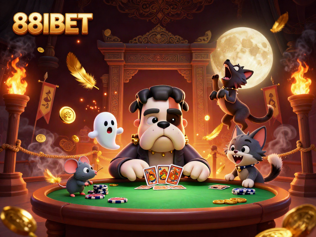88IBET scene with a Frankenstein bulldog dealer, eerie atmosphere, cards, and ghost elements.
