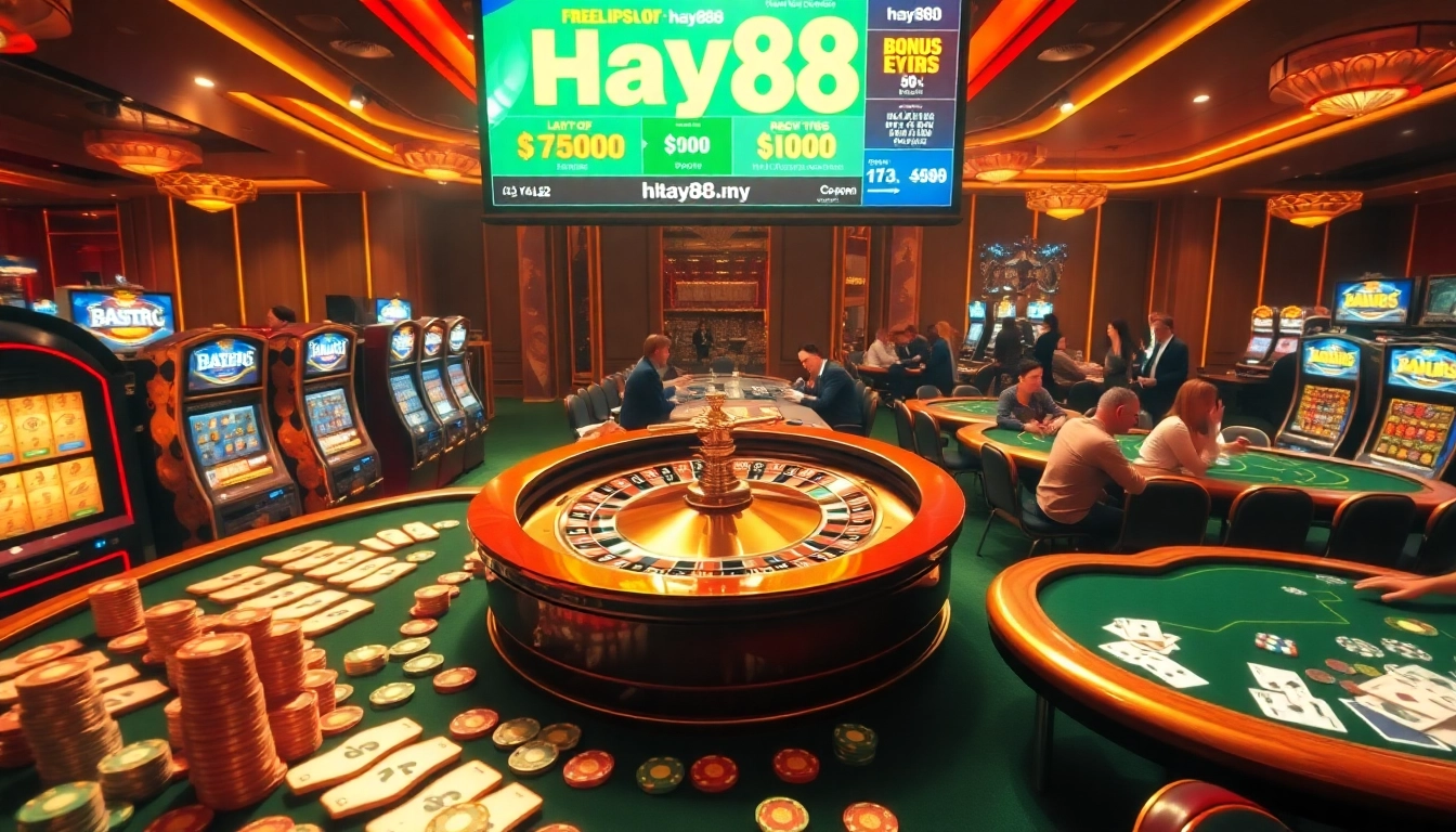 Engaged players immersed in the vibrant gaming atmosphere at https://hay88.my/ casino, featuring roulette and slot machines.