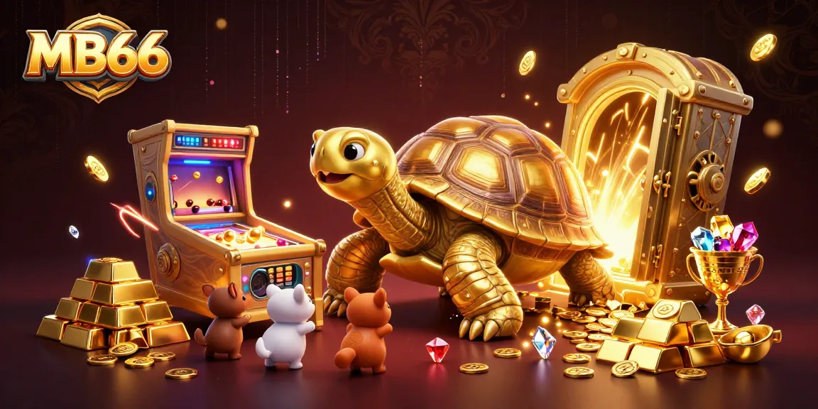 Experience the excitement of MB66 with a cartoon tortoise pinball machine surrounded by treasure and gaming elements.