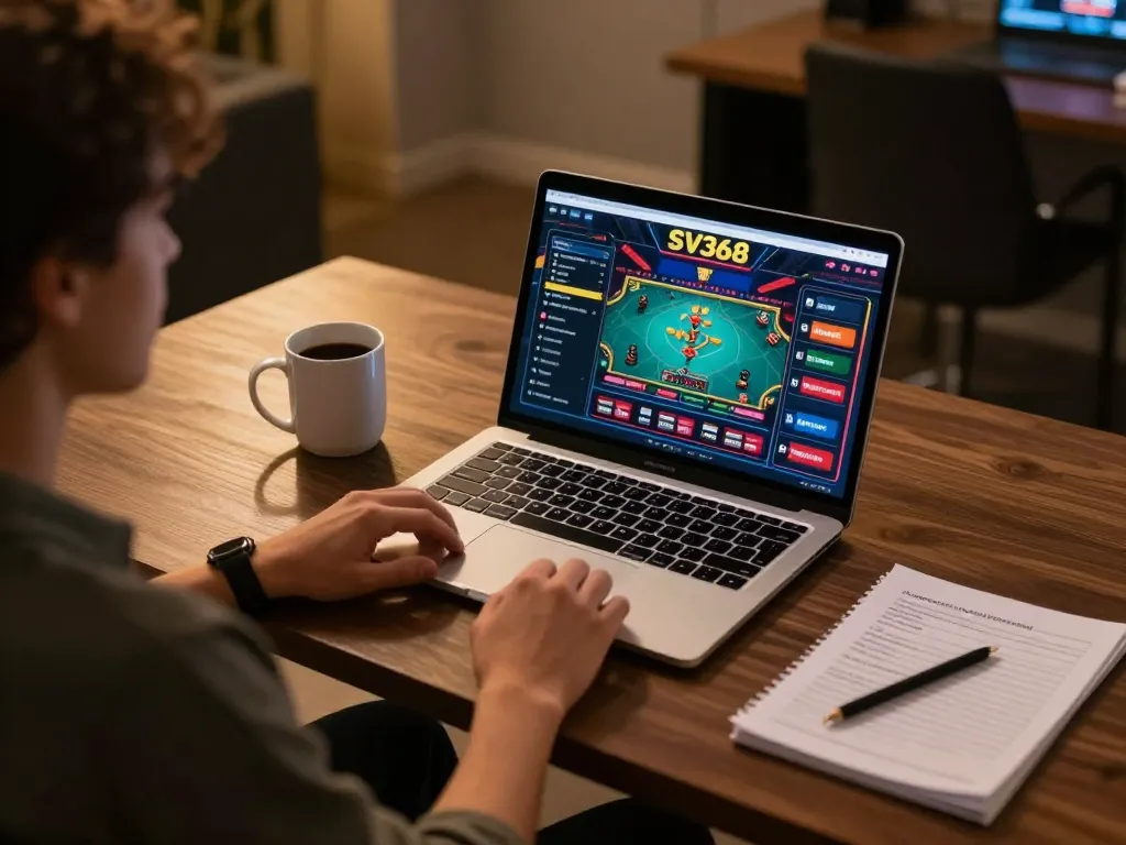Engaging in online gaming at https://sv368com.biz/ with clear casino interface, notes, and warm ambiance.