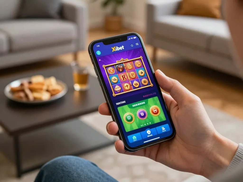 Xibet app user engaged in mobile gambling, showcasing betting options and vibrant game graphics