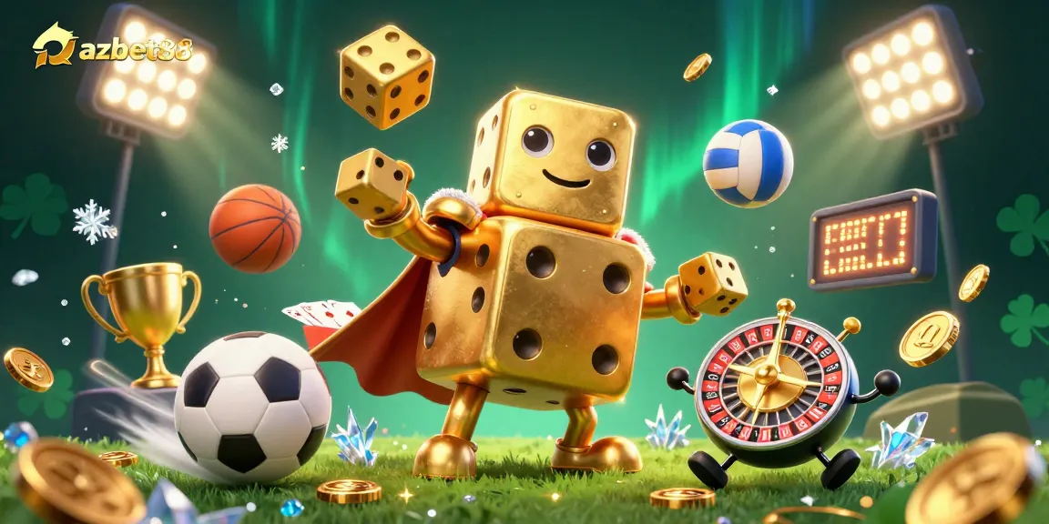 azbet88 showcases a vibrant roulette-ball companion and golden dice golem in a lively gaming scene.