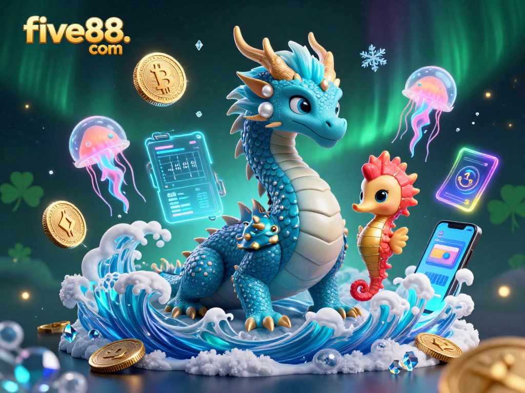 Engage in thrilling gaming adventures at five88. com with a vibrant illustration showcasing a water dragon and seahorse amid crypto elements.